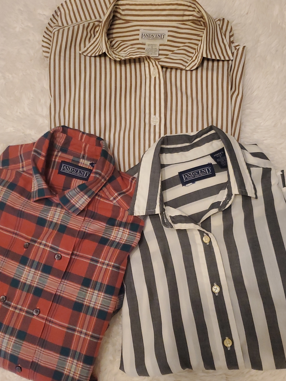 Lands' End Womens Mixed Striped and Plaid Button-Down Shirts - Brown, Black, Red
